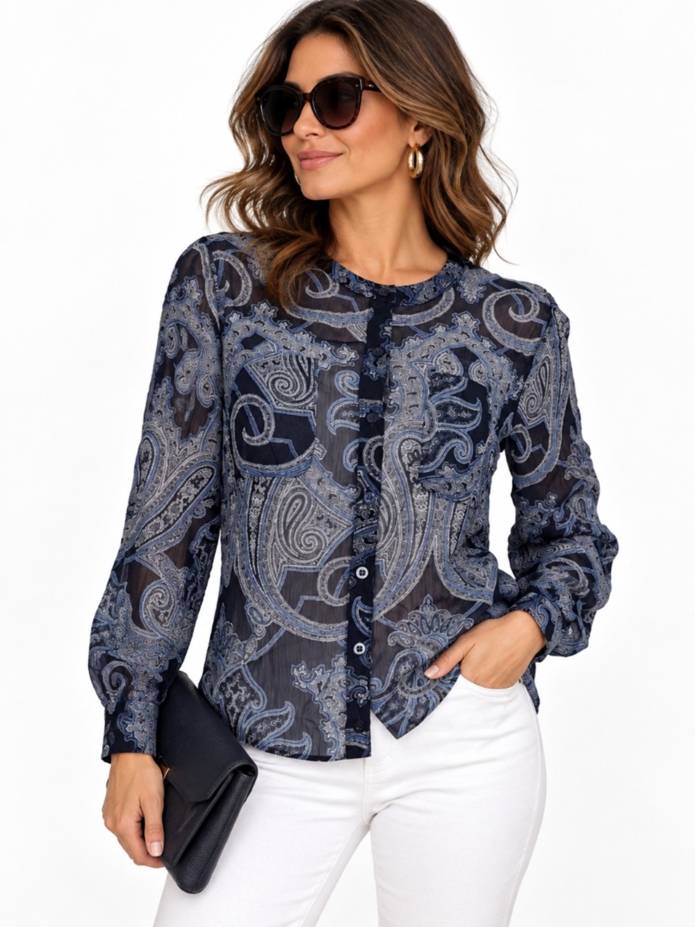 New York & Company NEW Navy Blue Sheer Paisley Preppy Button Down Shirt Size M